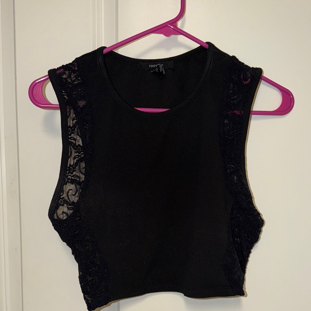 Forever 21 Black Lace-Panel Cropped Tank